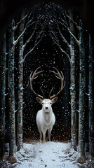 White deer with antlers in winter forest