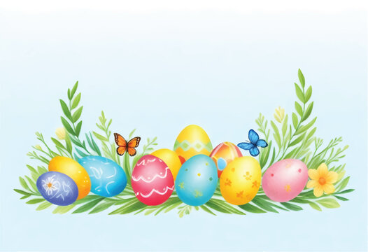a painting of easter eggs with butterflies and a blue background