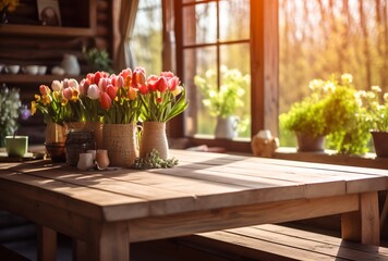 Fototapeta na wymiar Dining room with flowers, summer or spring interior.