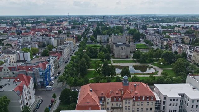 Aerial drone view of Cottbus State Theatre ( Staatstheater ) in Cottbus , Germany