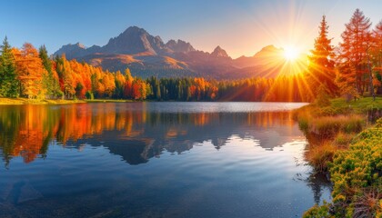Vibrant high tatra lake in early autumn, majestic mountains and sunlit forest  idyllic nature hiking