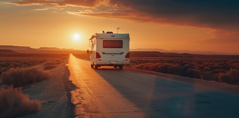 Motorhome travel road at sunset