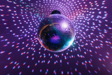 disco ball with mirror surface and bright rays, hanging on ceiling, night party background