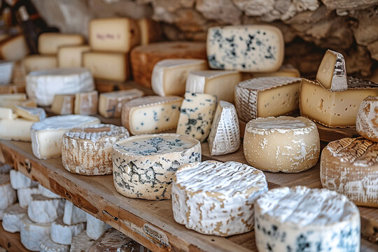 Assorted Gourmet Cheeses Displayed on Wooden Shelves