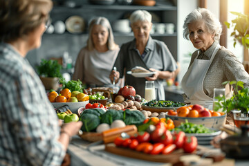 Group of senior women preparing a healthy meal with fresh vegetables.