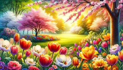 Obraz na płótnie Canvas Illustration printanière d'un champ lumineux de tulipes colorées et d'autres fleurs dans un jardin naturel.