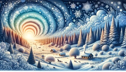 Illustration de Noël montrant des arbres enneigés sous un ciel d'hiver imaginaire, évoquant l'esprit des vacances.