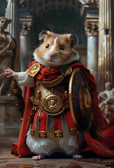 Cute hamster dressed as a knight in royal palace