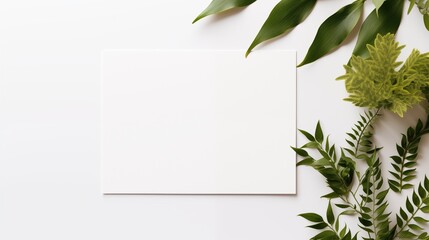 A stylish mockup featuring a blank birthday card elegantly placed on a white table with green leaves, creating a visually appealing composition for stationery or greeting card design