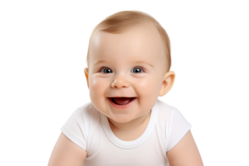Portrait studio of young adorable baby with happy smile isolated on transparent background.