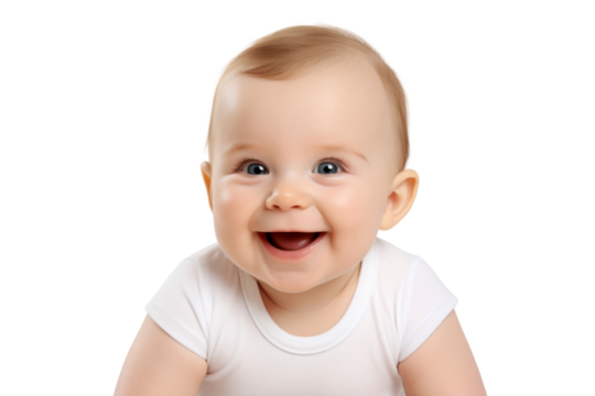 Portrait studio of young adorable baby with happy smile isolated on transparent background.