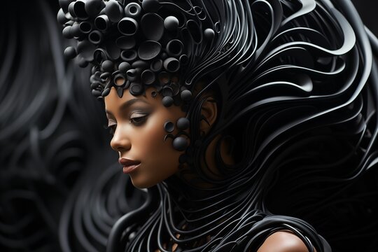 A serene expression on a woman with an elaborate monochromatic bubble headpiece.