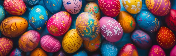 Fototapeta na wymiar lot of colorful decorated easter eggs