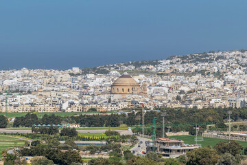 Aerial view of Mosta, Malta, dominated by the famous Rotunda Church