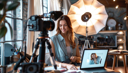 A young woman creating digital content on her desktop in a shapeshift photostudio, with flashlights, softboxes and a camera tripod beside her