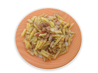 Chicken pasta in a plate isolated on white background 