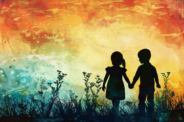 children holding hands, worlds, planets, love, friends, hugs, peace, together, play, silhouette, innocence - obrazy, fototapety, plakaty