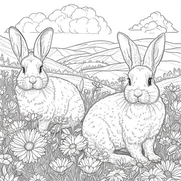 Coloring pages rabbits and bunnies in the grass, flowers Illustration. A couple of rabbits are sitting in a flower meadow, a coloring book. Antistress for adults and children. Black and white