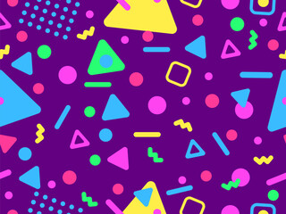 Geometric seamless pattern with memphis elements in 80s style. Colorful geometric pattern. Design of promotional products, wrapping paper and printing. Vector illustration