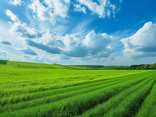 Fototapeta na wymiar Lush Green Wheat Field and Cloudy Sky
