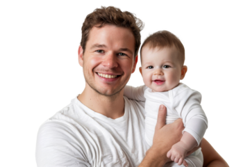 Portrait of Father holding baby with his arms isolated on transparent png background, Dad and baby moment, cute and adorable little infant.