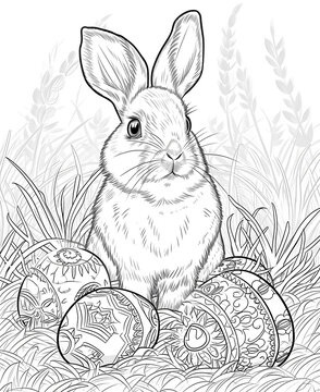 Coloring pages rabbits and bunnies in the grass, flowers Illustration. A couple of rabbits are sitting in a flower meadow, a coloring book. Antistress for adults and children. Black and white
