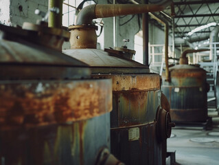 Fototapeta na wymiar Rustic Industrial Vats in Abandoned Factory