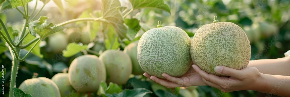 Aufkleber hand holding honeydew melon on blurred background with copy space for text placement