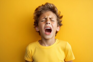 Young boy standing in front of yellow wall, looking up with closed eyes, surprised confusion, he heard or seen something unexpected or terrible. He very emotional expression sings songs