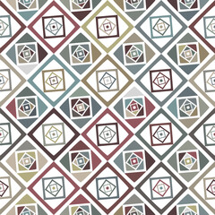 Contemporary and elegant geometric composition with multicolored concentric squares and circles on a white background. Minimalist style. Seamless repeating pattern. 