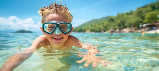 Adventurous kid snorkeling alone in crystal clear waters of remote tropical island - obrazy, fototapety, plakaty