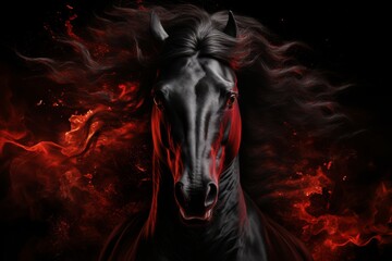 Portrait of Black Stallion with Fiery Eyes Isolated on Transparent Background