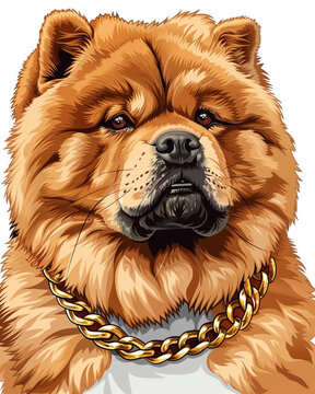 Chow Chow dog looking to the camera, huge head, with thick gold chain dog collar on сreated with Generative Ai