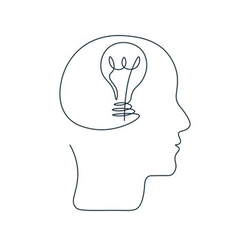 Silhouette human head with light bulb symbol. Drawing in one continuous line. Single line thinking concept. Business concept. Simple minimalist vector illustration. Icon on white background.