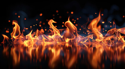The fiery dance is perfectly reflected on a shiny surface below, mirroring the energetic display above
