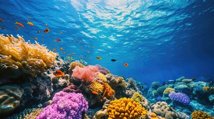 Naklejka na ściany i meble An underwater coral reef scene, diverse marine life, vivid colors, showcasing the beauty and diversity of ocean life. Underwater photography, coral reef ecosystem, diverse marine life,. Resplendent.