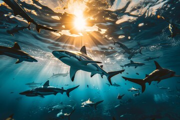 huge shark swims underwater photography - obrazy, fototapety, plakaty