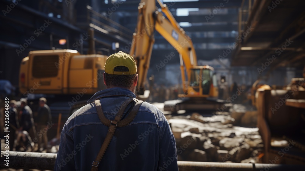 Aufkleber generative ai construction site with a builder guiding heavy machinery, directing operations, safety
