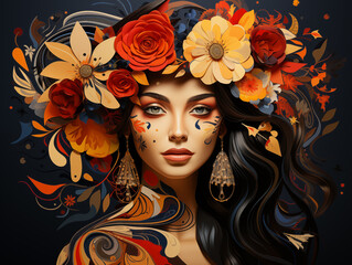 Woman abstract portrait illustration background. Wallpaper woman with floral concept 