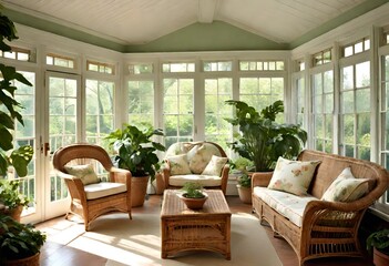 A bright and airy sunroom with wicker furniture, potted plants, and a view of the garden.