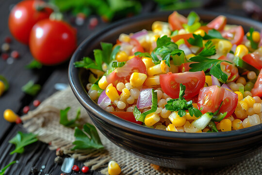 salad with beans and tomatoes, succotash with tomatoes, vegetables, organic salad, bowl, table