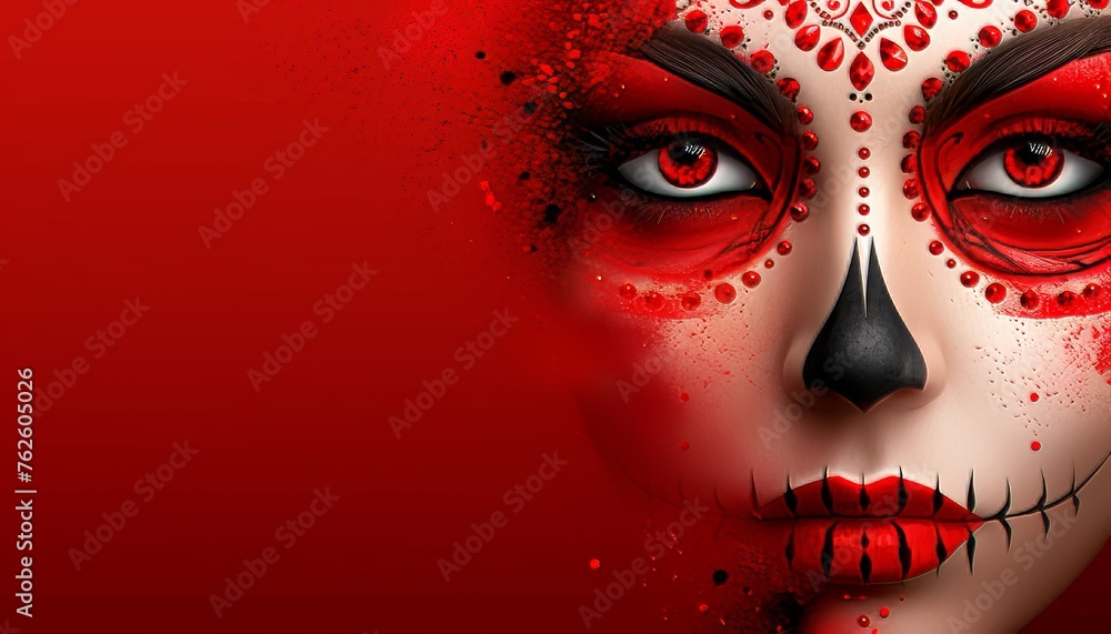 Poster day of the dead skeleton face painting background with ample empty space for text placement