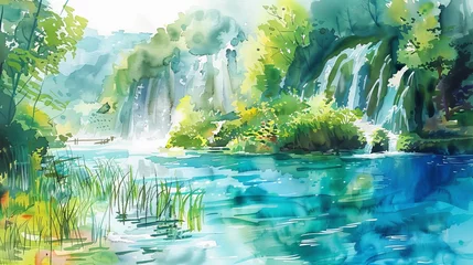 Zelfklevend Fotobehang A watercolor illustration depicting a river flowing with a waterfall in the background, capturing the beauty of natures cascading water. © vadosloginov