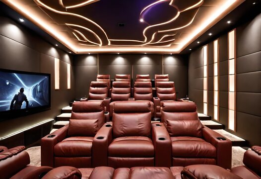 A modern home theater with plush leather recliners arranged in tiered rows, facing a large screen with surround sound speakers. 