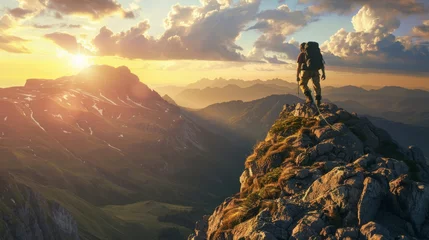 Fotobehang climber on top of a mountain at sunset © Olha