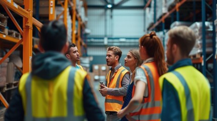 A team of warehouse workers in safety vests engage in a group discussion in a large modern logistics center. AIG41