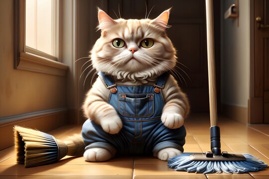 fat cat with a broom isolated on a brown background