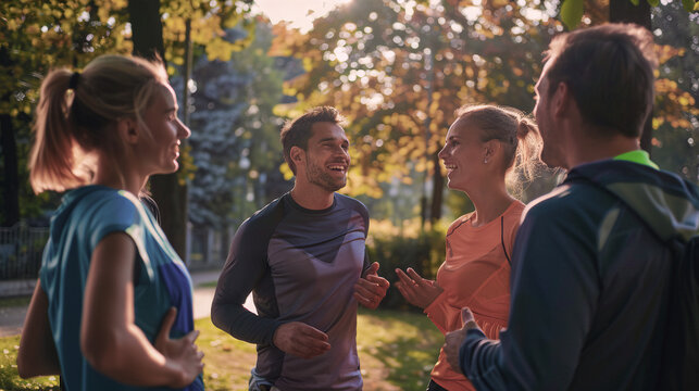 Grupo de cuatro personas fitness al aire libre en el parque practicando ejercicio como estilo de vida.