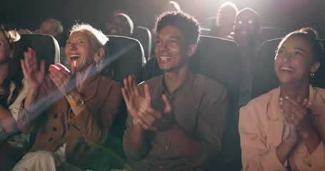 Happy, people and smile in cinema with applause for good movie or success, approval and celebration for film premiere. Audience, clapping hands and cheer in theatre for joy, experience and diversity.