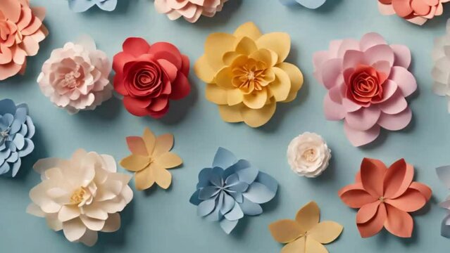 Looped 4K Video: Top Down View of 3D Paper Flowers Blooming on Light Blue Green Background (Spring, Mother's Day, Easter Theme, Stop Motion Animation, Paper Flowers, Pastel Colors)